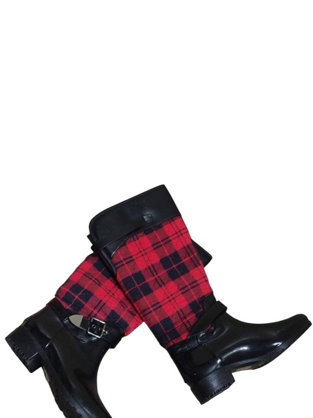 Charlie Paige Red Plaid Quilted Tall Rain Boots w Black Trim Size 10 - Picture 5 of 11